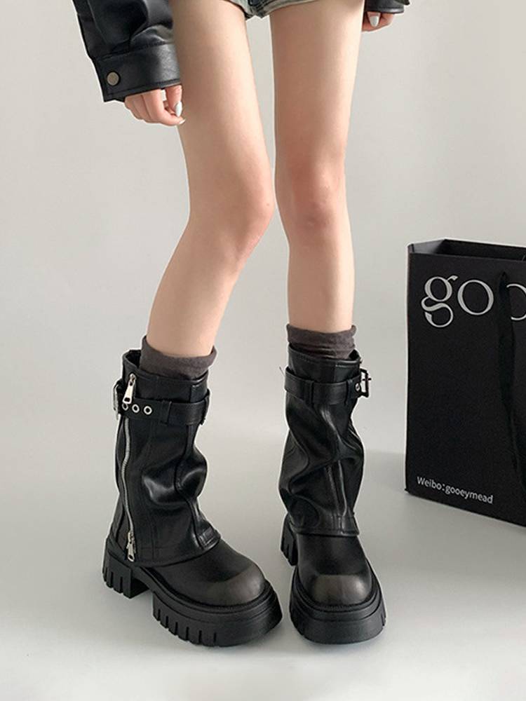 Thick bottom increased frying street pants boots female 2024 new summer knight long boots Merida brown retro short boots
