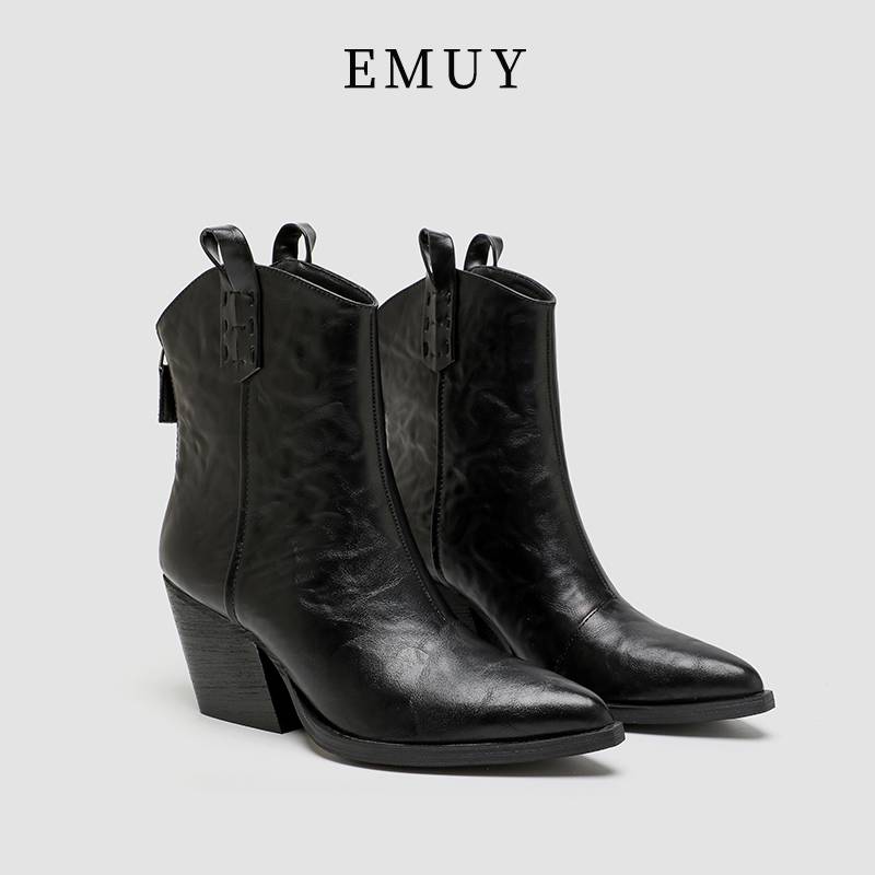 Emuy high -heeled short boots women autumn and winter new wrinkles Western denim thin boots back zipper thick heel pointed pointed boots