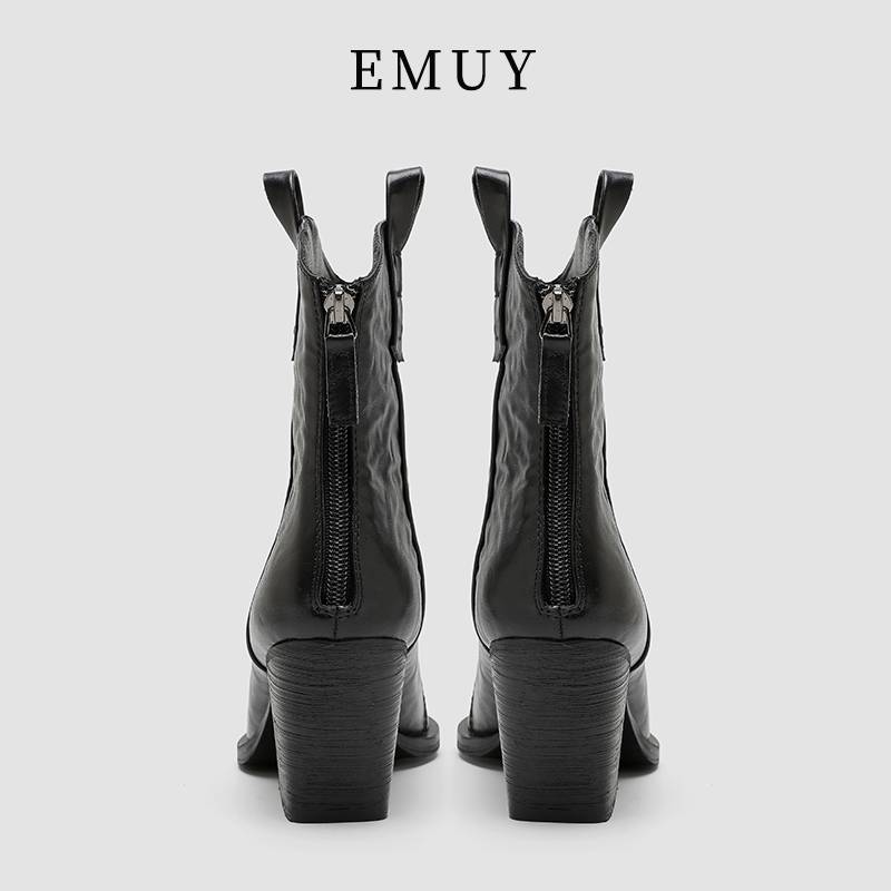Emuy high -heeled short boots women autumn and winter new wrinkles Western denim thin boots back zipper thick heel pointed pointed boots