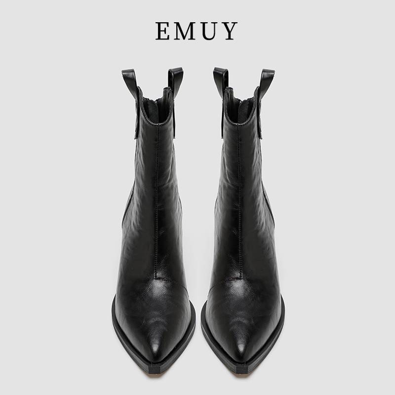 Emuy high -heeled short boots women autumn and winter new wrinkles Western denim thin boots back zipper thick heel pointed pointed boots