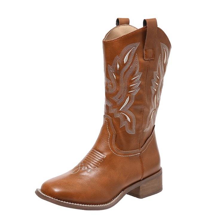 Short boots female spring and autumn single boots female thick heels of western denim boots 2024 embroidery retro mid -tube square Martin boots