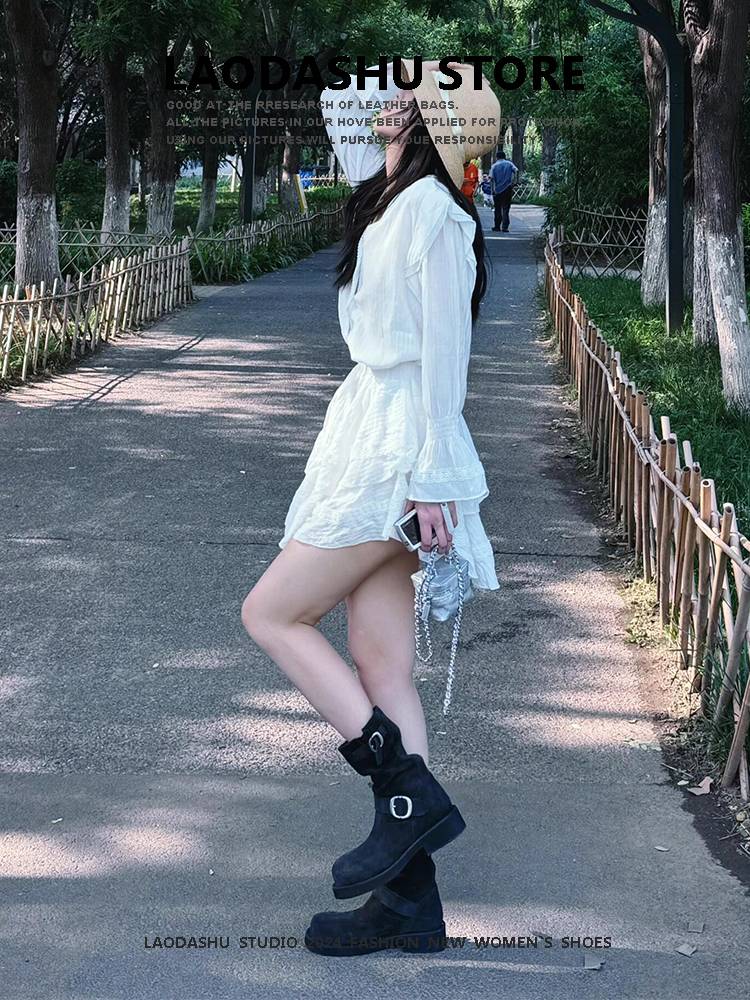 Tick-bottom Martin boots fell 2024 new semmer inside western boots retro pick-heeled round heads folds