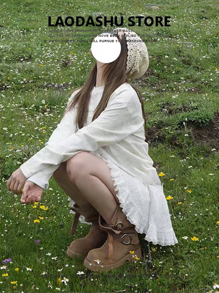 Tick-bottom Martin boots fell 2024 new semmer inside western boots retro pick-heeled round heads folds