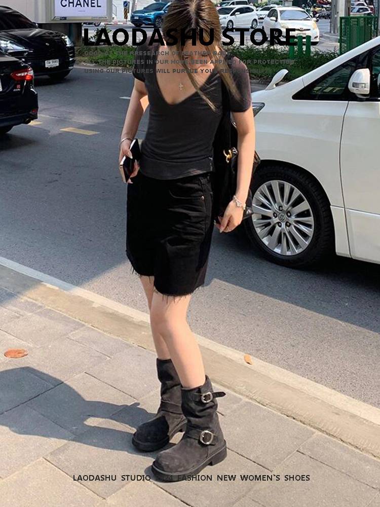 Tick-bottom Martin boots fell 2024 new semmer inside western boots retro pick-heeled round heads folds