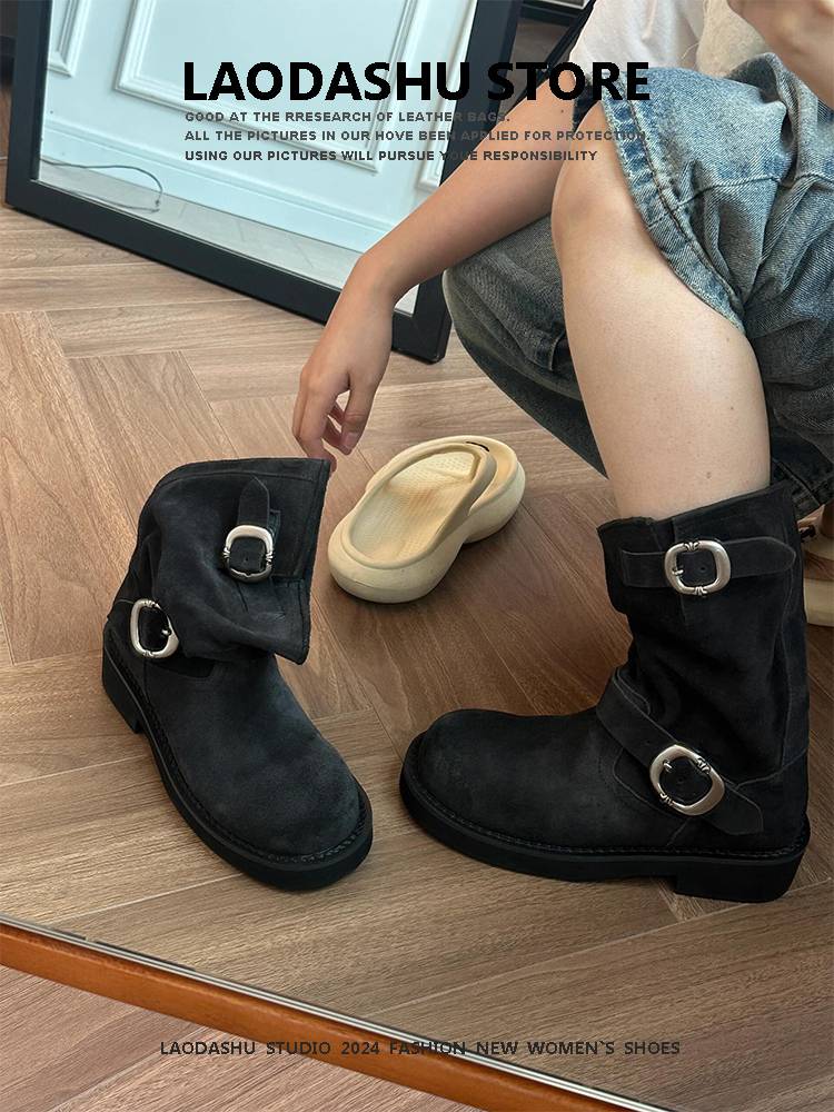 Tick-bottom Martin boots fell 2024 new semmer inside western boots retro pick-heeled round heads folds