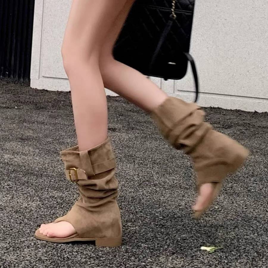 2024 new internal increase in summer boots, children's square clip toe boots, retro western denim pile boots female short boots