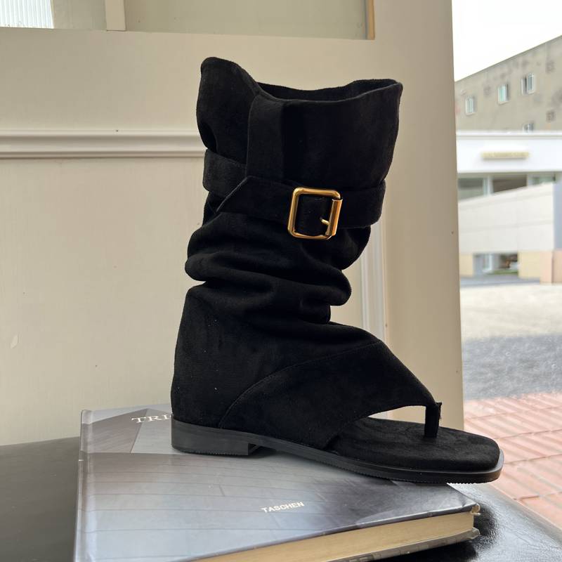 2024 new internal increase in summer boots, children's square clip toe boots, retro western denim pile boots female short boots