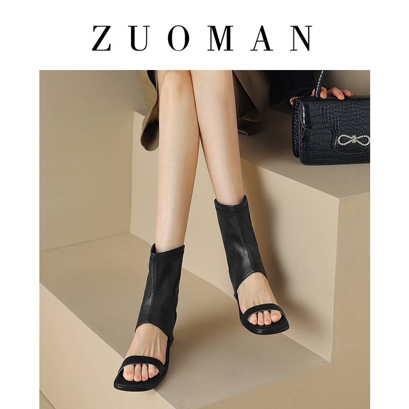 Zuo Man High -Heled Leather Roman Soldiers Women's European and American Wind 2024 Summer Summer New Boots Coarse -toed Boots High Gun Sandals