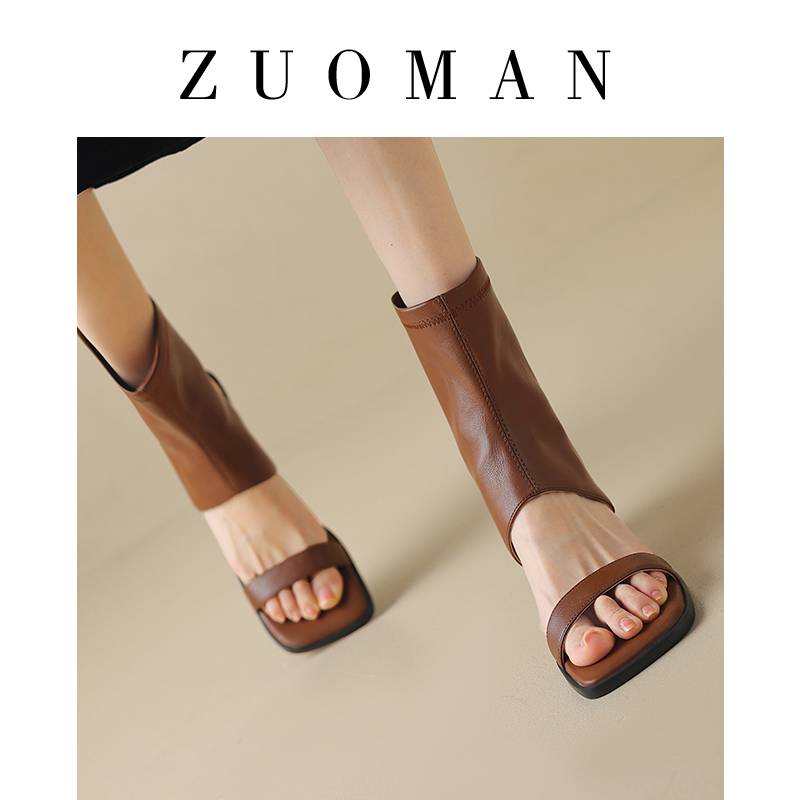 Zuo Man High -Heled Leather Roman Soldiers Women's European and American Wind 2024 Summer Summer New Boots Coarse -toed Boots High Gun Sandals