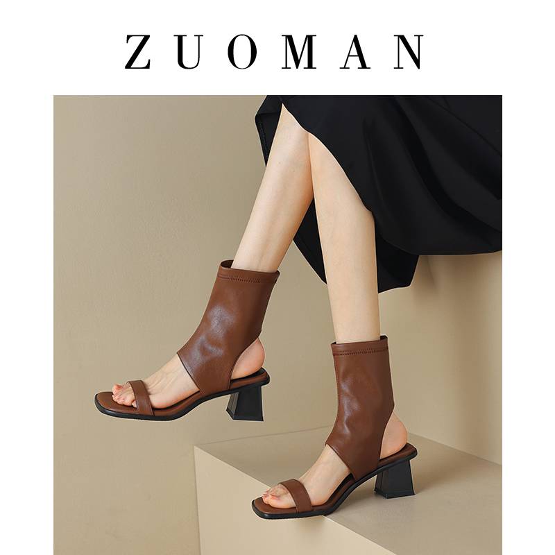 Zuo Man High -Heled Leather Roman Soldiers Women's European and American Wind 2024 Summer Summer New Boots Coarse -toed Boots High Gun Sandals