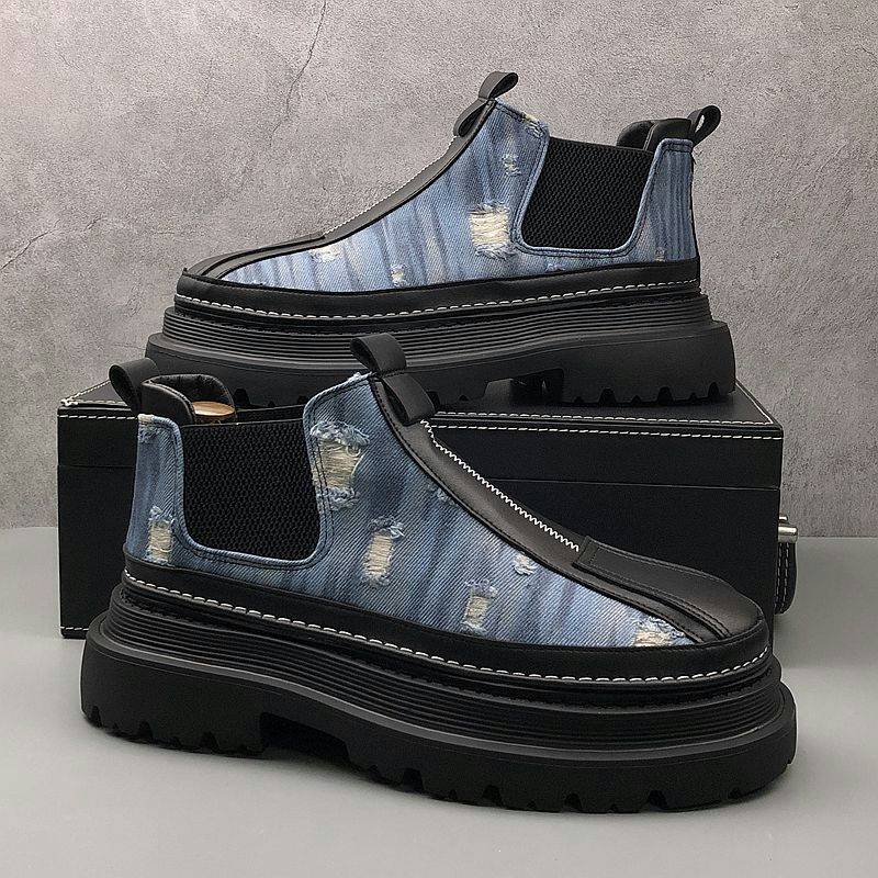 European Station Chelsea boots men's shoes in thick bottom increase denim cloth short boots in British style help Martin boots men's tide