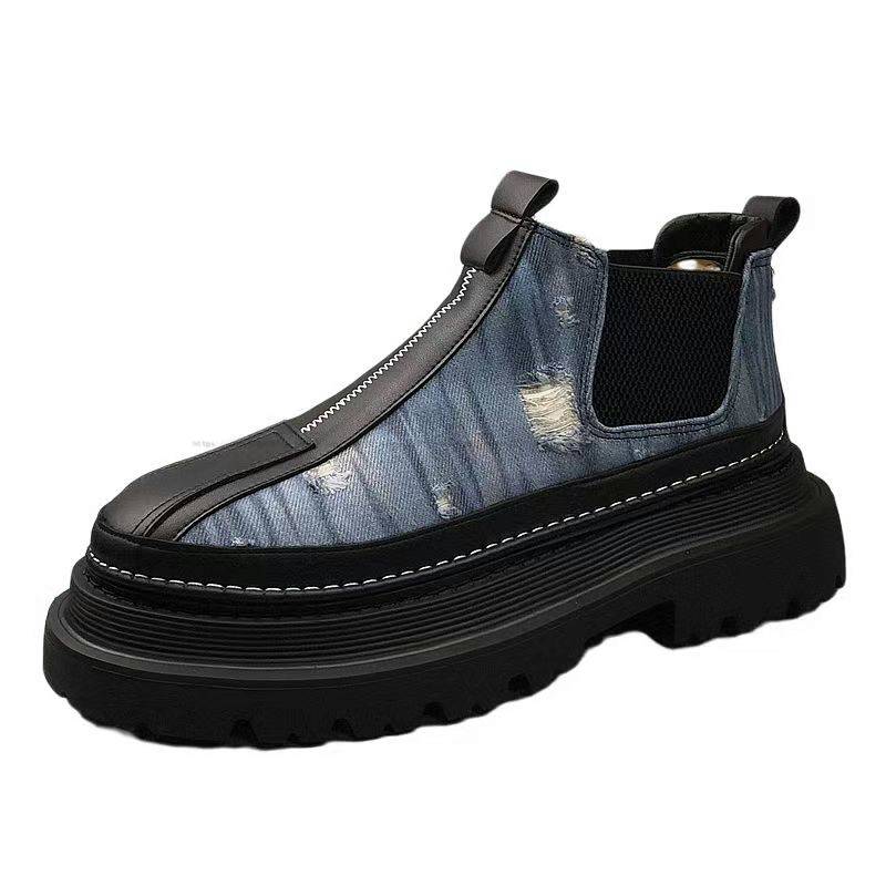 European Station Chelsea boots men's shoes in thick bottom increase denim cloth short boots in British style help Martin boots men's tide