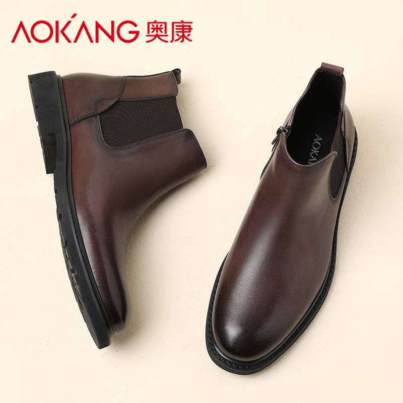 Aokang leather Martin boots men's spring British high -end mid -boots boots in autumn and winter plus velvet high -top checci boots