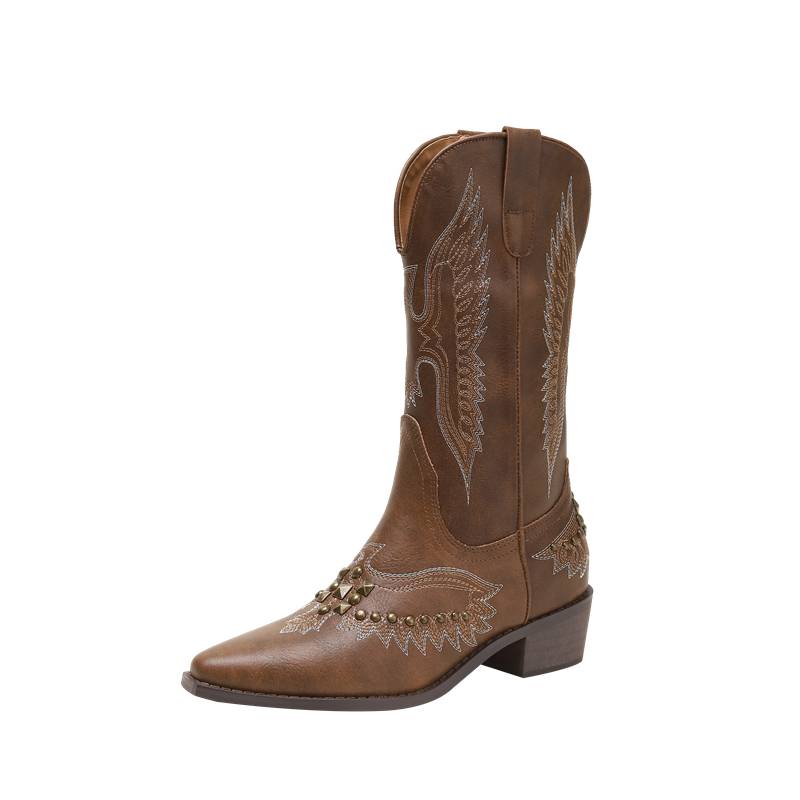 V -mouth leather high boots female western denim boots autumn and winter new rough heel long boots pointed and pointed heel rider boots