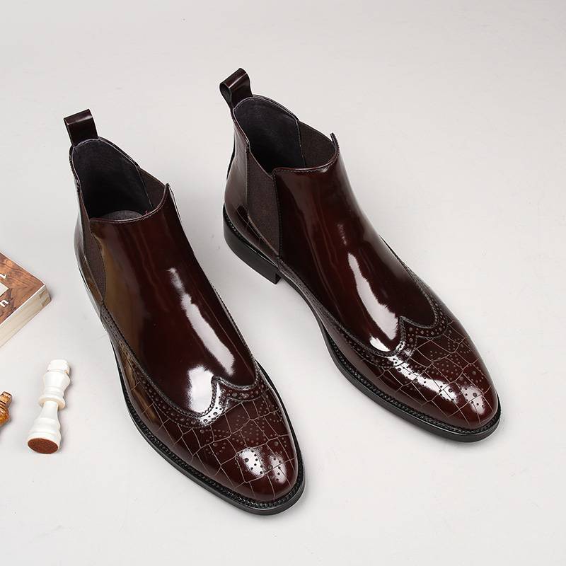 Brock Chelsea boots male pointed short boots tall leather shoes Martin boots male Yingjiande bright leather leather boots