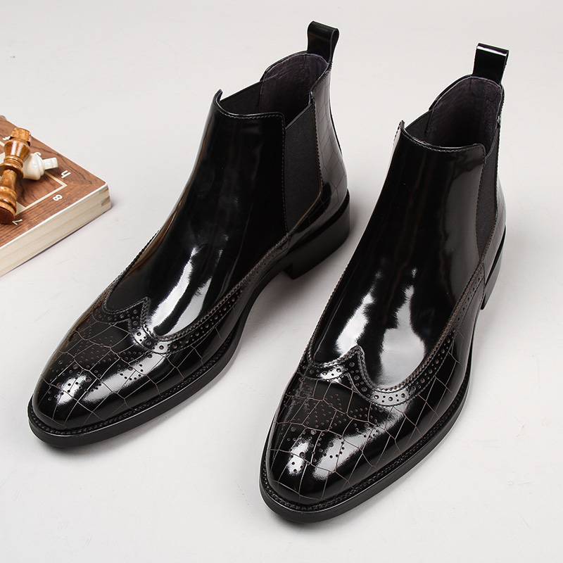 Brock Chelsea boots male pointed short boots tall leather shoes Martin boots male Yingjiande bright leather leather boots