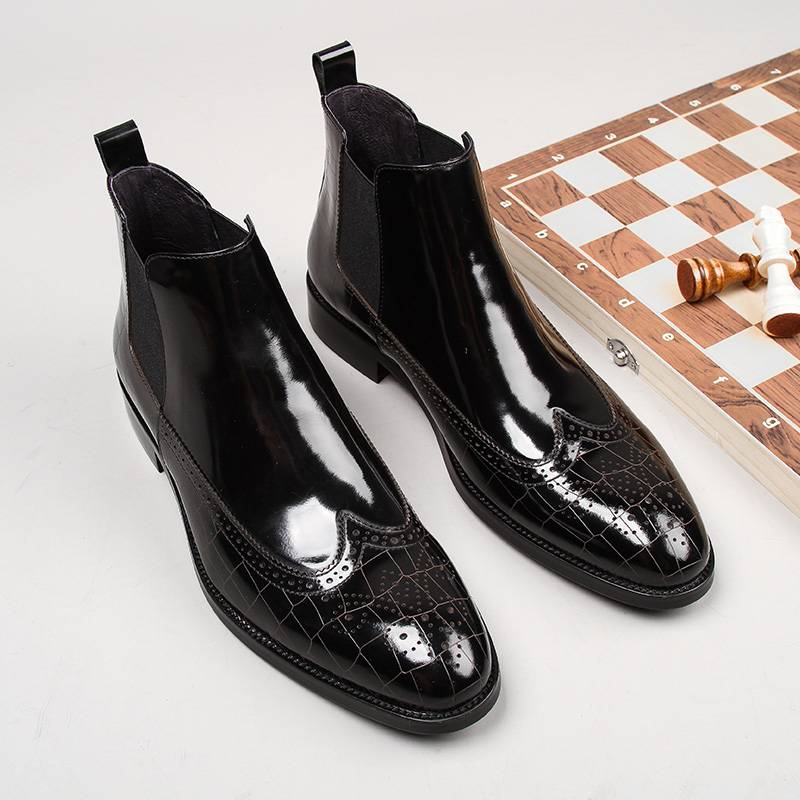 Brock Chelsea boots male pointed short boots tall leather shoes Martin boots male Yingjiande bright leather leather boots