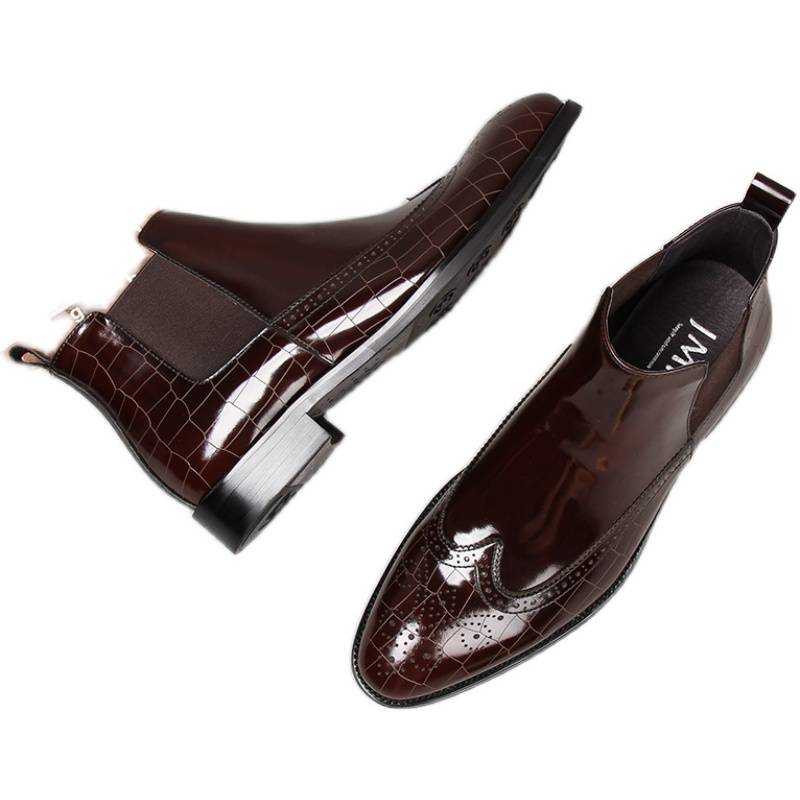 Brock Chelsea boots male pointed short boots tall leather shoes Martin boots male Yingjiande bright leather leather boots