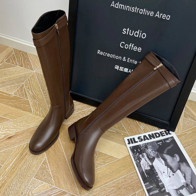 Brown flat -bottomed long tube side zipper rider boots female small straight tube high boot boots leather, but knee boots