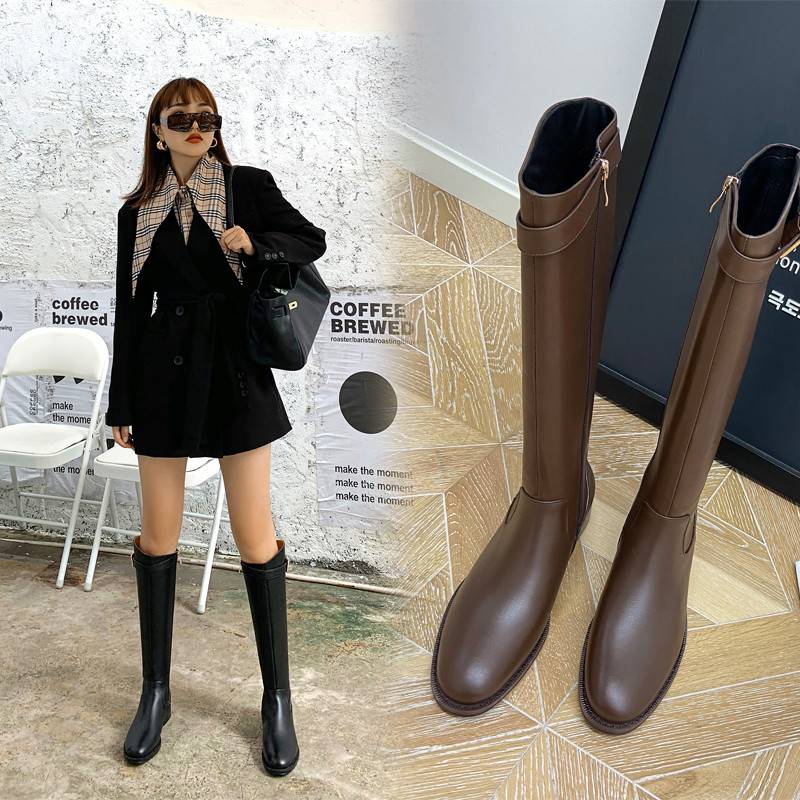 Brown flat -bottomed long tube side zipper rider boots female small straight tube high boot boots leather, but knee boots