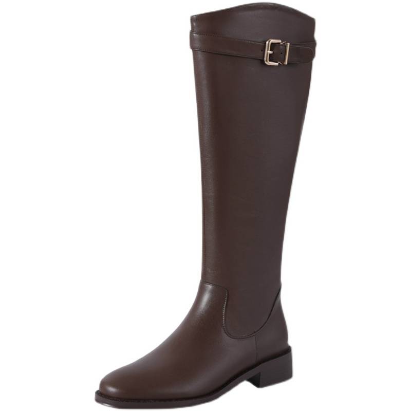 Brown flat -bottomed long tube side zipper rider boots female small straight tube high boot boots leather, but knee boots