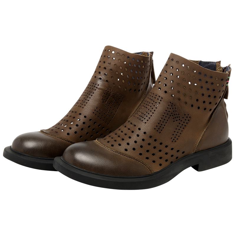 Summer Chelsea boots men's hollow and breathable Martin boots riding cowhide high -top retro boots one pedal shoes
