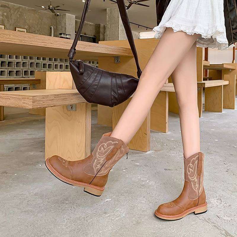 2024 new embroidery thick heel thick sole western denim boots British style fashion versatile Martin boots knight boots short boots