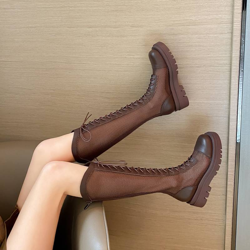 Big tube mesh mesh knight boots female leather but knee hollow boots thick bottom mesh hollow thin Martin boots