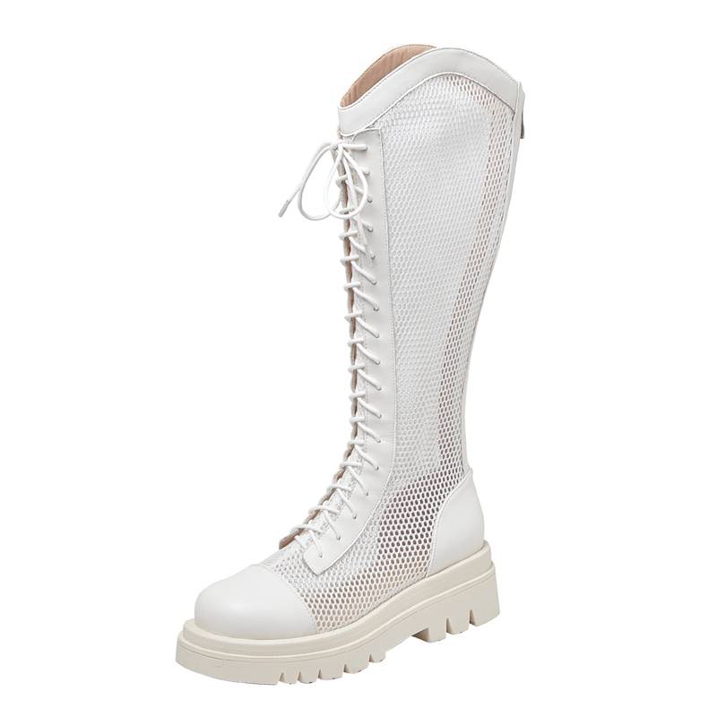 Big tube mesh mesh knight boots female leather but knee hollow boots thick bottom mesh hollow thin Martin boots