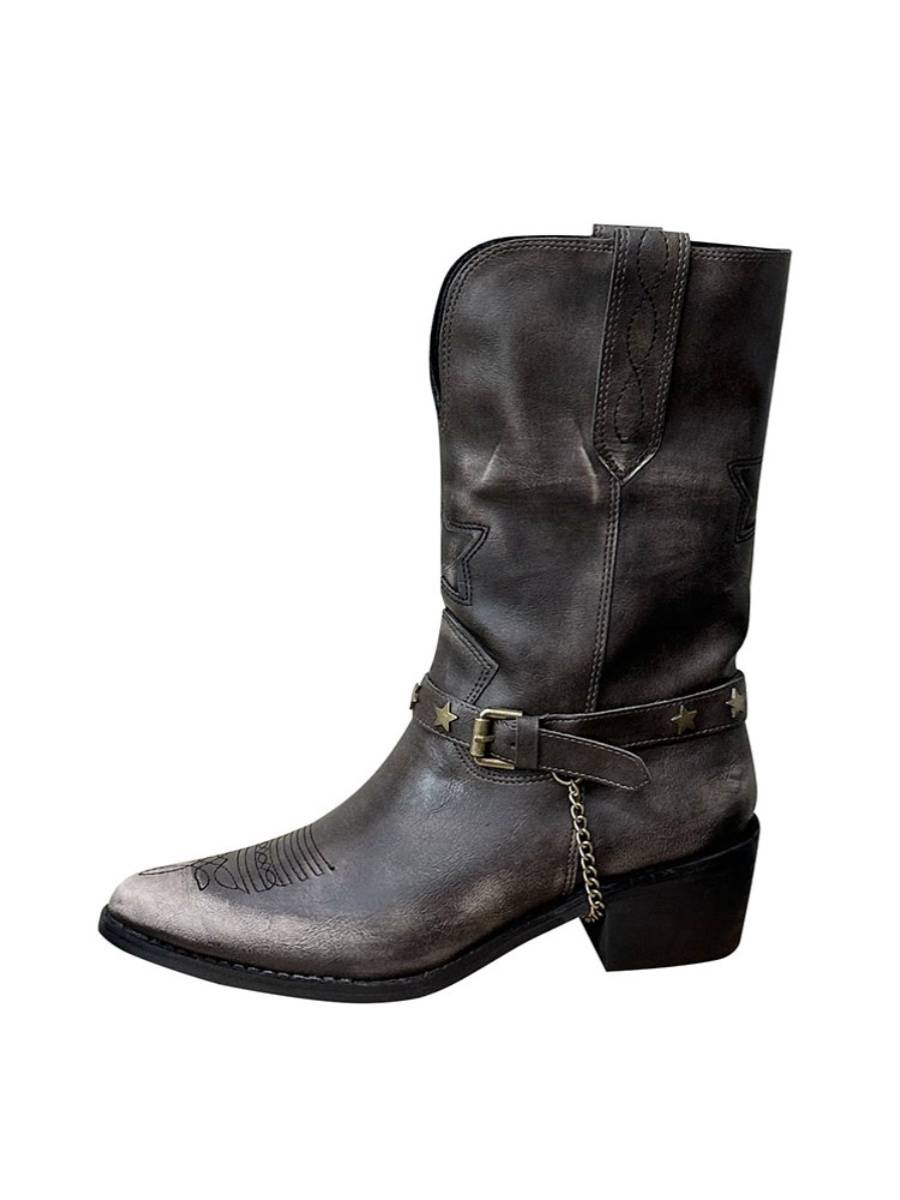 Wipe color and make old retro western denim boots female 2024 new V mouth head -headed Martin boots sleeve coarse heel boots
