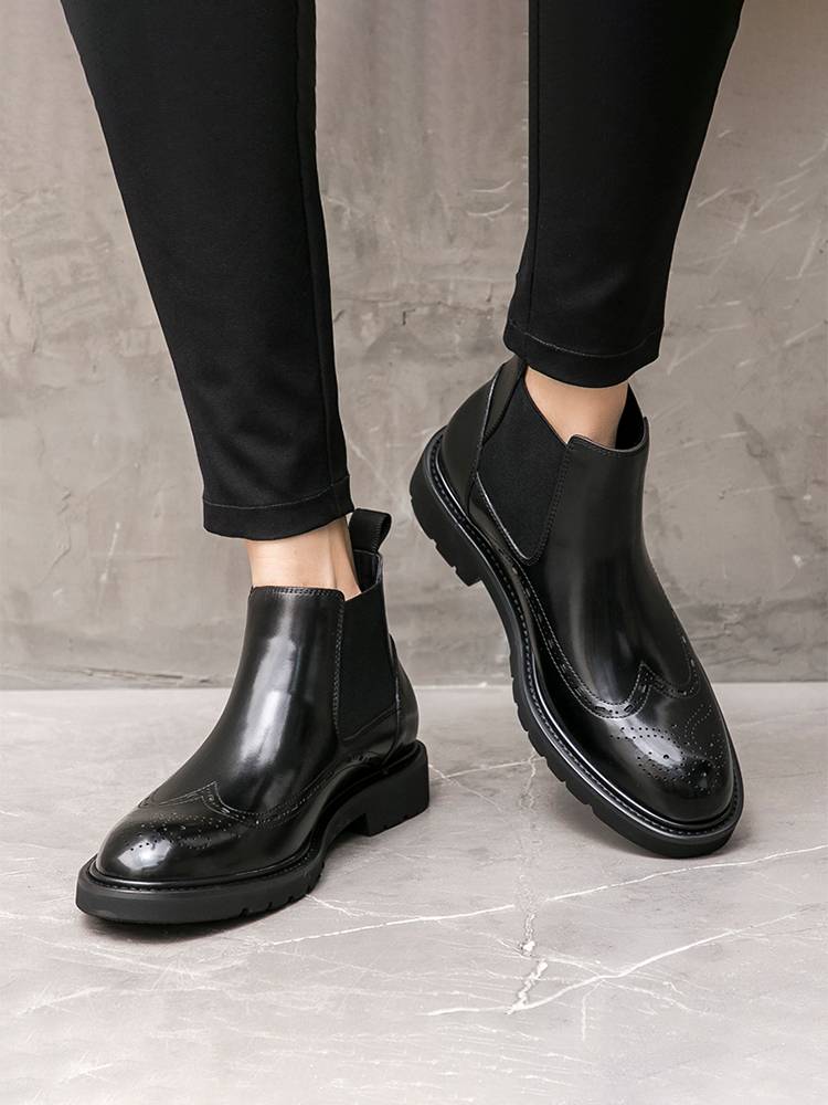 Chelsea boots men's leather leather British high -top business leather shoes Brok carved casual short boots men's Martin leather boots