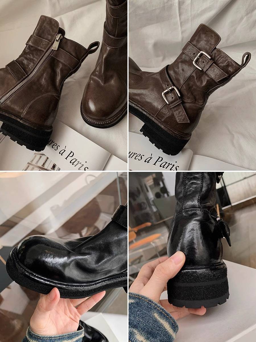 Hong Kong horse-skin shrunk short boots with 2024 new leather belts and skinny boots on Martin's boots