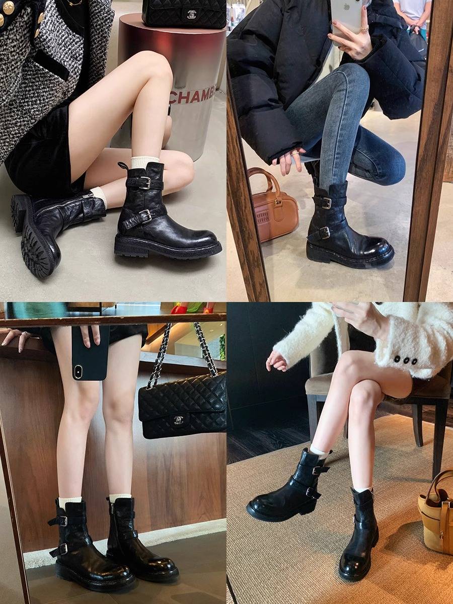 Hong Kong horse-skin shrunk short boots with 2024 new leather belts and skinny boots on Martin's boots