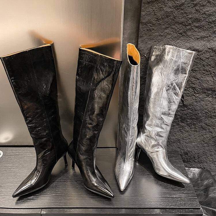 Niche leather boots 2024 pointed high -heeled foreign hot spicy mom knights are thin and thin, can not follow the knee boots children