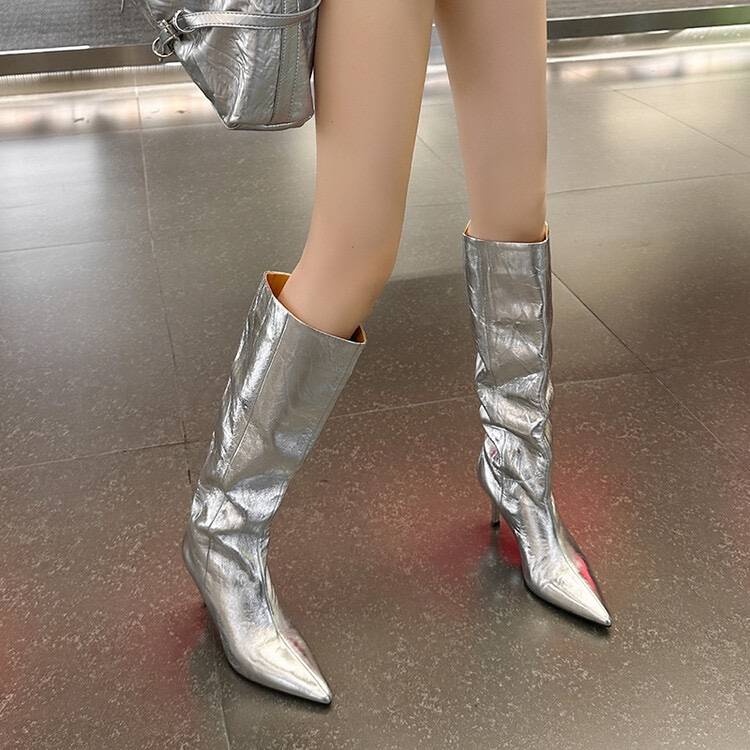 Niche leather boots 2024 pointed high -heeled foreign hot spicy mom knights are thin and thin, can not follow the knee boots children