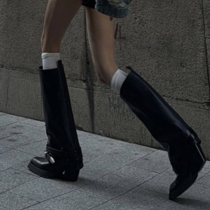 European and American retro western denim rough heel black long boots versatile niche girls' square boots, belt buckle pants boots