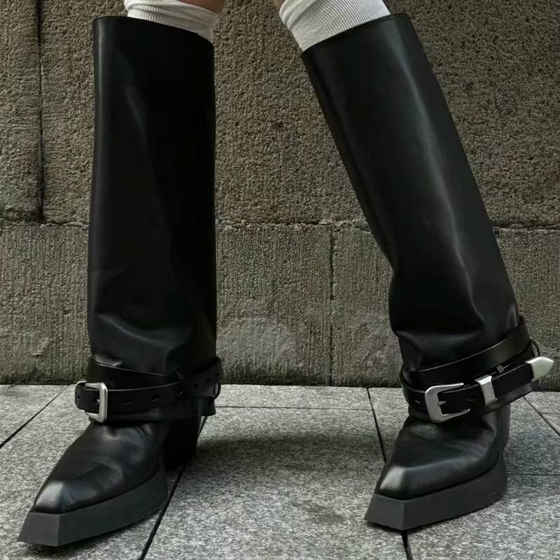 European and American retro western denim rough heel black long boots versatile niche girls' square boots, belt buckle pants boots