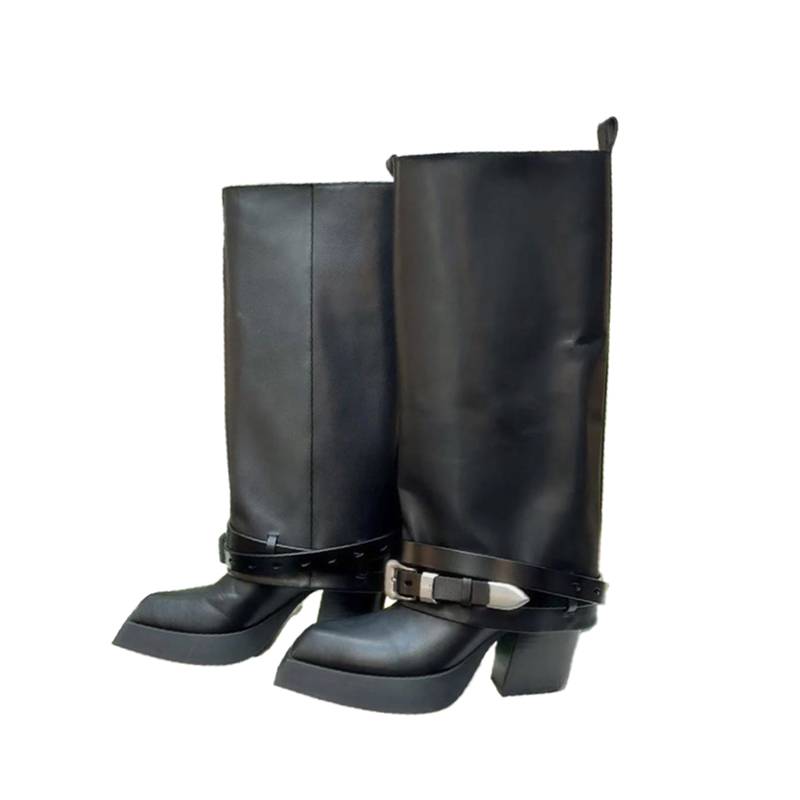 European and American retro western denim rough heel black long boots versatile niche girls' square boots, belt buckle pants boots