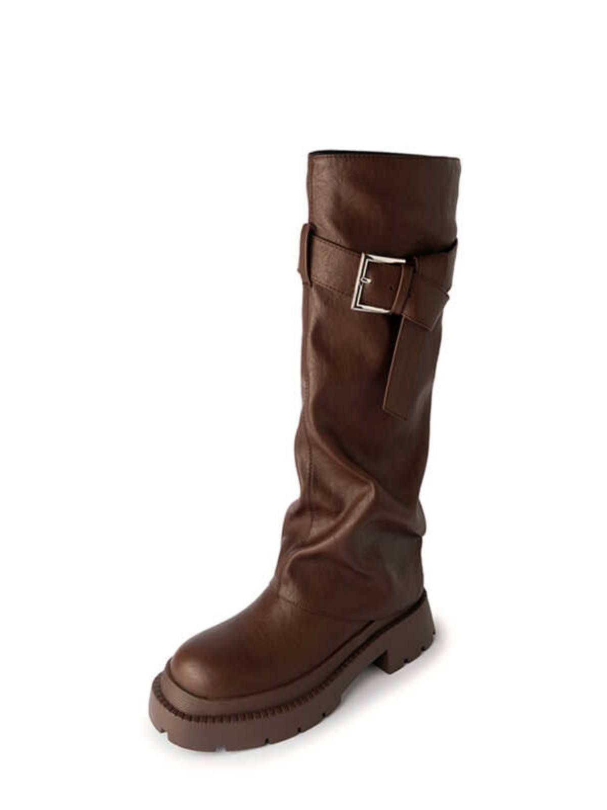 Autumn and winter new high leather Knights boots thick -bottomed horse boots are thin straight women's boots long tube flat shoes