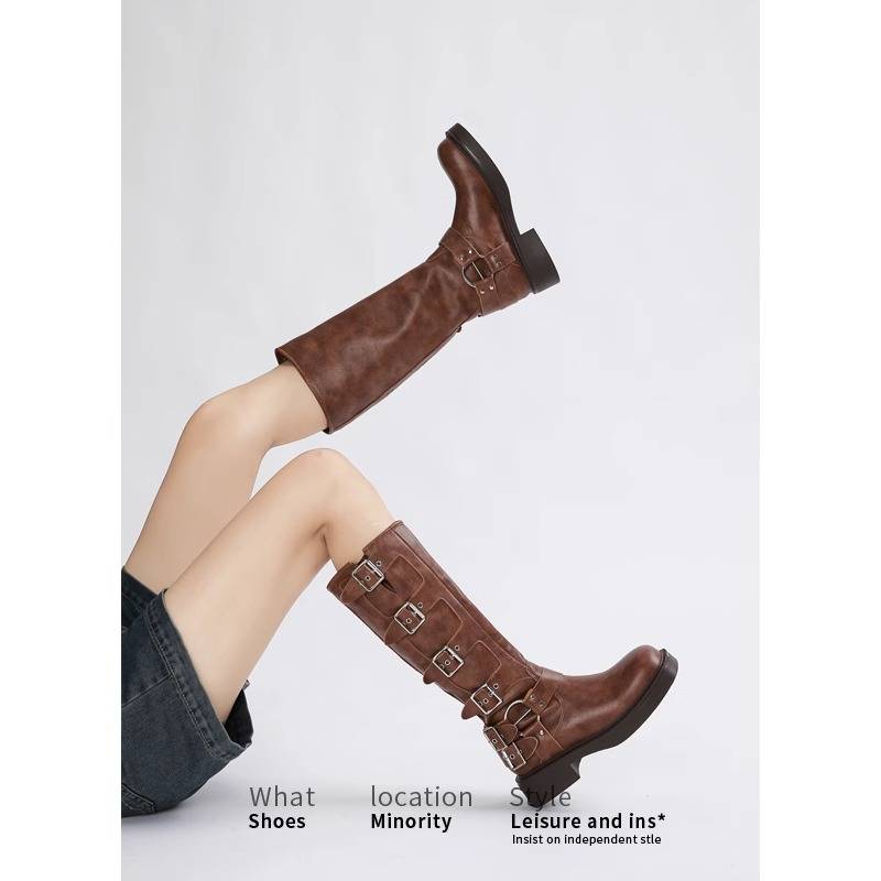 Brown but knee long boots female 2024 autumn and winter new leather western denim boots boots high -pipe knight boots