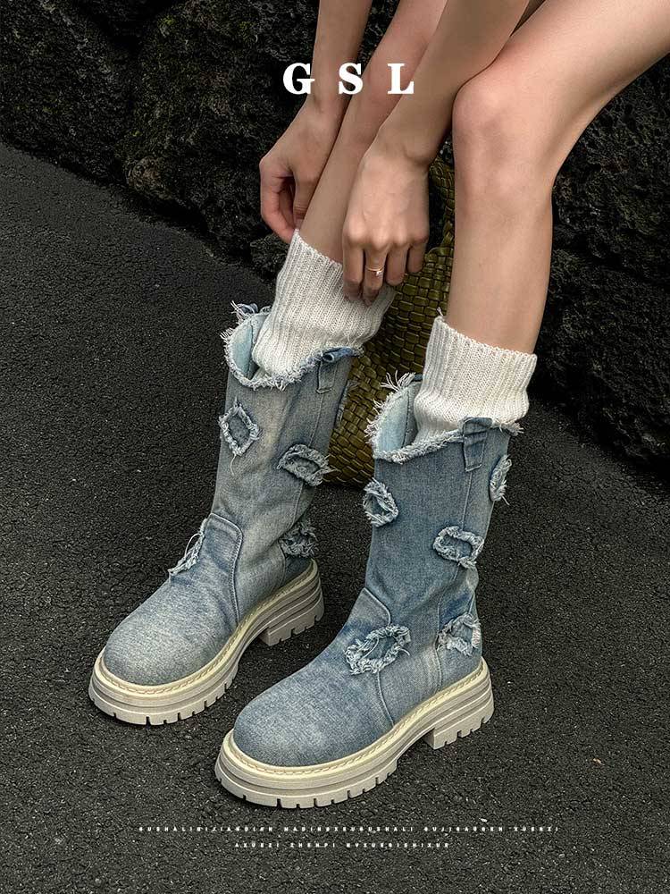 Summer boots new Western denim boots thick bottom thin knight boots retro waste soil wind boots outdoor Martin boots