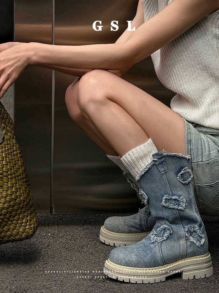 Summer boots new Western denim boots thick bottom thin knight boots retro waste soil wind boots outdoor Martin boots