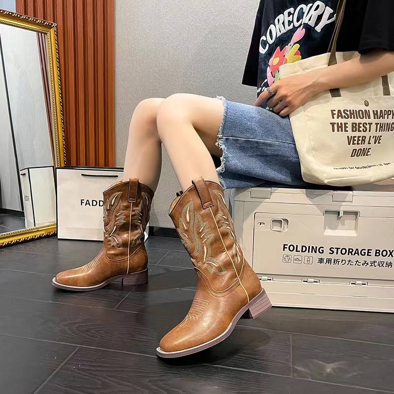 Leather Western denim boots female 2023 new high -heeled knight boots mid -tube Martin boots Chelsea boot boots