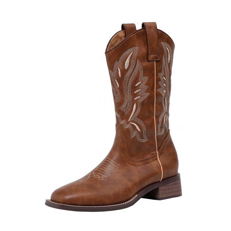 Leather Western denim boots female 2023 new high -heeled knight boots mid -tube Martin boots Chelsea boot boots