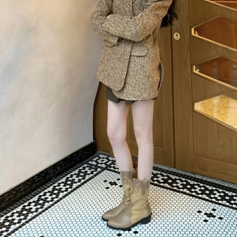 Welfare funds ~ summer vintage Western denim boots leather retro pointed pointed boots, khaki color rough heels, female