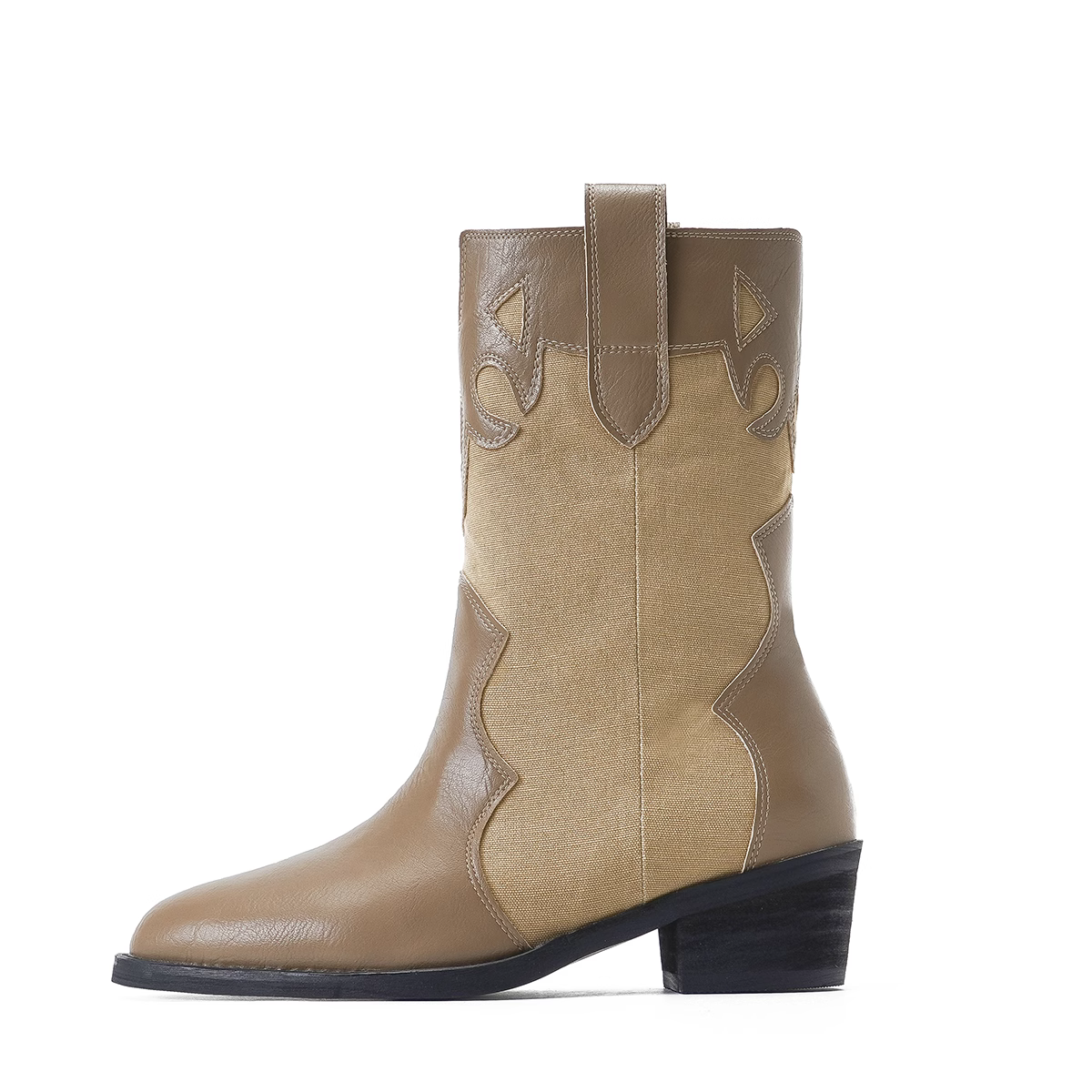 Welfare funds ~ summer vintage Western denim boots leather retro pointed pointed boots, khaki color rough heels, female