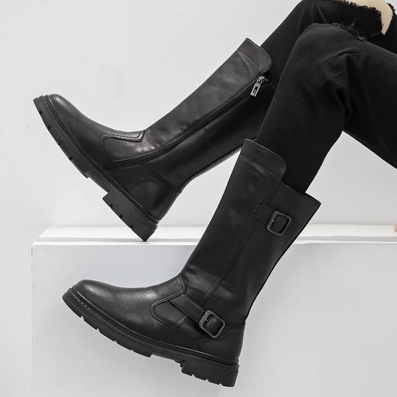 Spring high tube Martin boots male leather cowhide paradise ribbon Knight leather boots men's boots thick bottom long tube denim boots