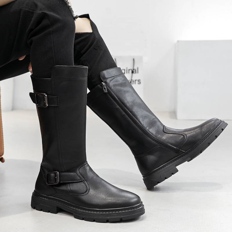 Spring high tube Martin boots male leather cowhide paradise ribbon Knight leather boots men's boots thick bottom long tube denim boots