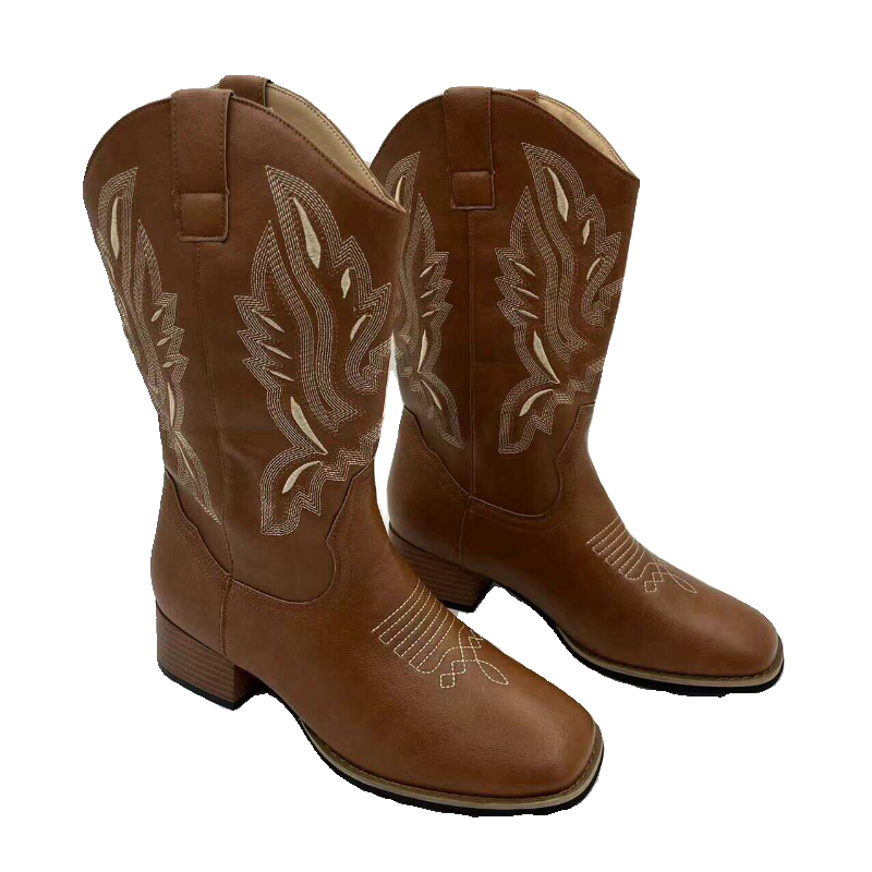 Summer embroidered cowhide Western denim boots female retro knight boots female coarse heel cubes sleeve in the middle of the horse boots children