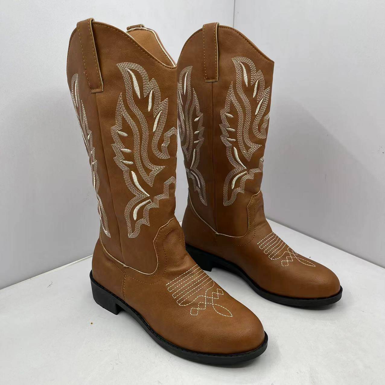 Summer embroidered cowhide Western denim boots female retro knight boots female coarse heel cubes sleeve in the middle of the horse boots children
